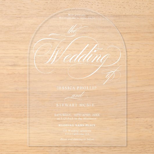 Invitations En Acrylique Élégant minimal chic Script mariage blanc sur clai (Recto)