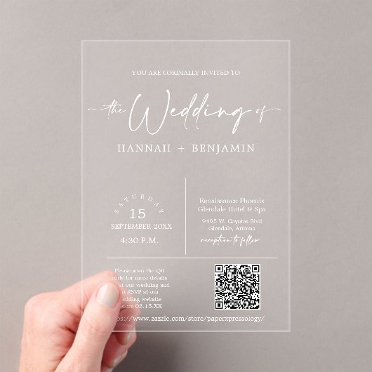 Invitations En Acrylique Élégant minimal de script Mariage Arch QR Code (In situ (ordinateur de poche))