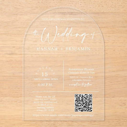 Invitations En Acrylique Élégant minimal de script Mariage Arch QR Code (Recto)