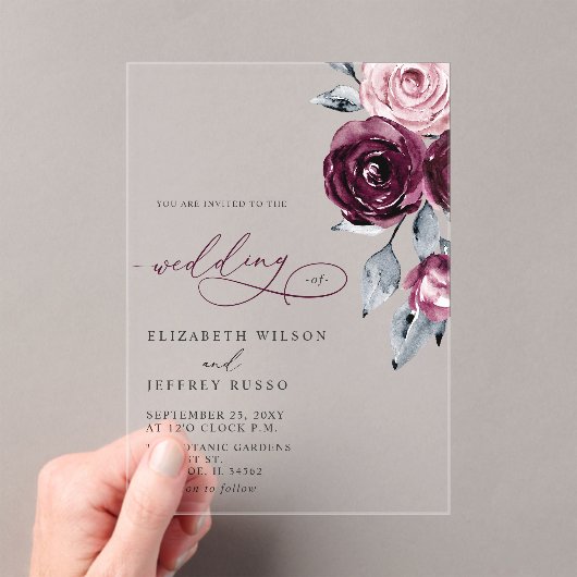 Invitations En Acrylique Elegant Modern Burgundy Floral Wedding (In situ (ordinateur de poche))