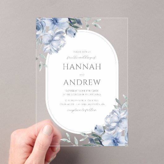 Invitations En Acrylique Elegant Modern Dusty Blue Floral Wedding (In situ (ordinateur de poche))