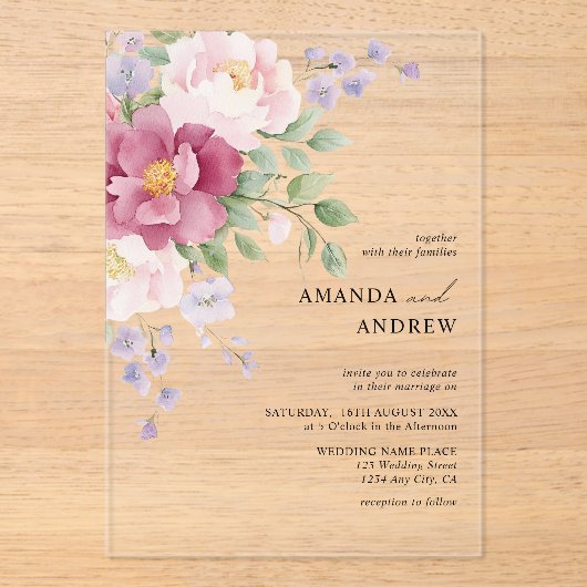 Invitations En Acrylique Elégant moderne Aquarelle Peonies Mariage (Recto)