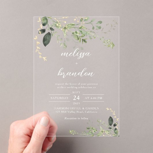 Invitations En Acrylique Elégant moderne Gold Green Mariage Eucalyptus (In situ (ordinateur de poche))