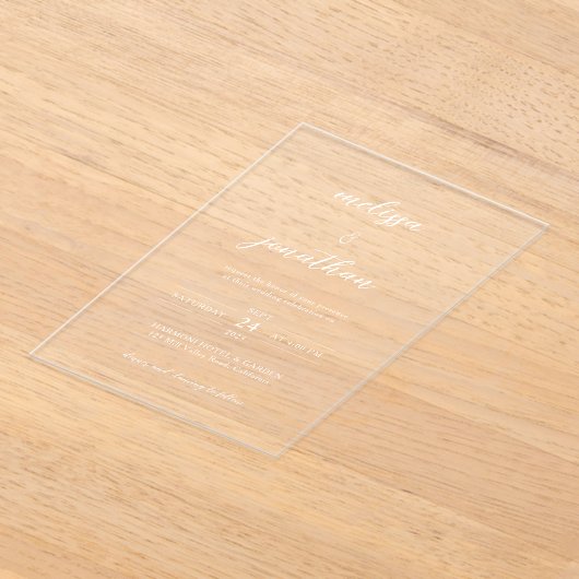 Invitations En Acrylique Élégant moderne Graceful White Script Clair Mariag (Poser)