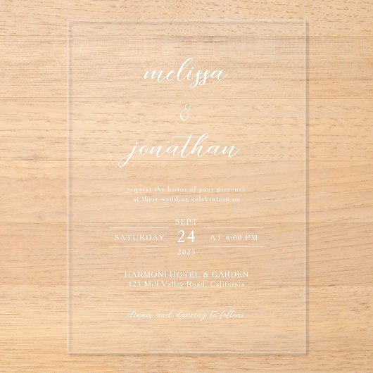 Invitations En Acrylique Élégant moderne Graceful White Script Clair Mariag (Recto)