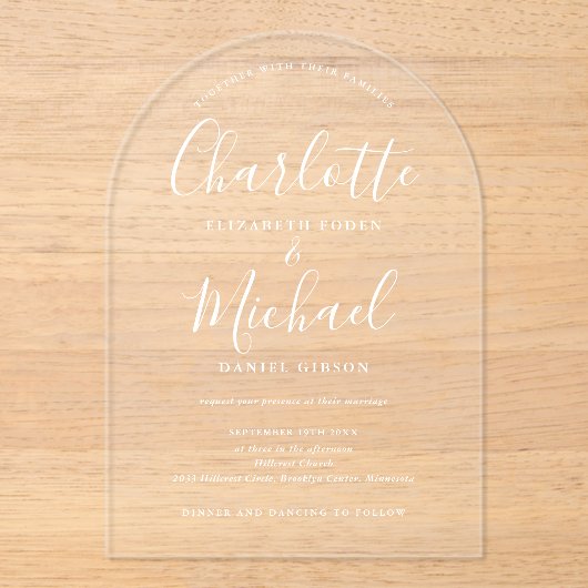 Invitations En Acrylique Élégant moderne signature blanche Mariage de scrip (Recto)