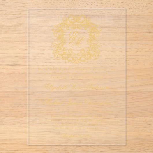 Invitations En Acrylique Élégant Monogram Crest Script Mariage Faux Gold (Recto)