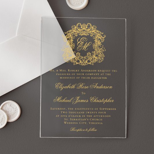Invitations En Acrylique Élégant Monogram Crest Script Mariage Faux Gold