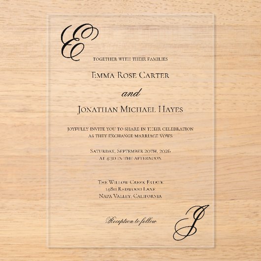 Invitations En Acrylique Elegant Monogram Minimalist Wedding (Recto)