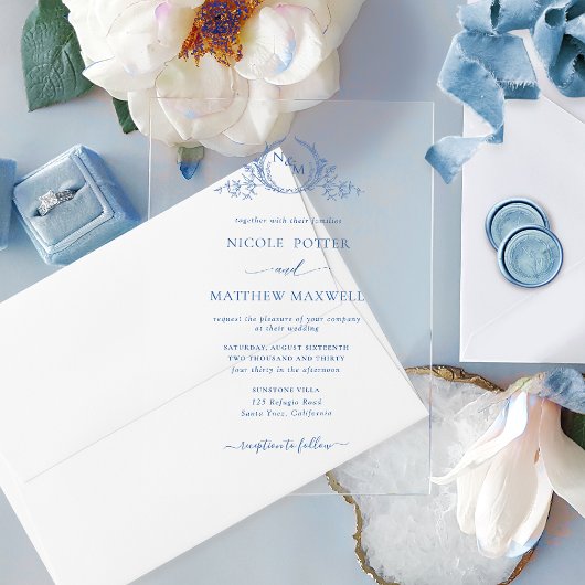 Invitations En Acrylique Élégant monogramme de couronne royale bleu