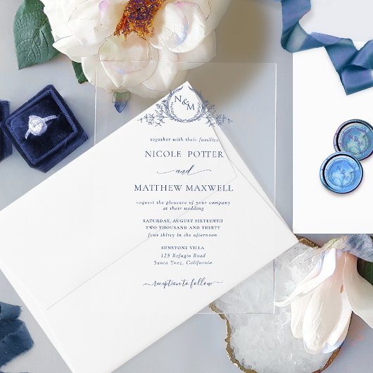 Invitations En Acrylique Élégant monogramme de couronne royale bleu marine