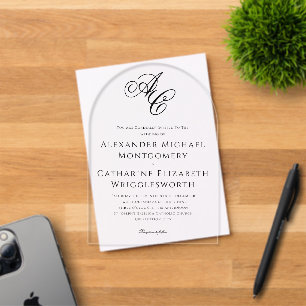 Invitations En Acrylique Élégant Monogramme de Mariage Noir et Blanc Formel