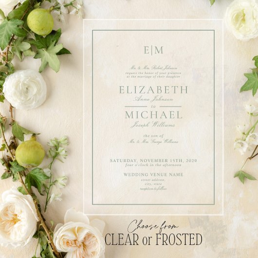Invitations En Acrylique Élégant Monogramme de Mariage Vert Sauge en Écritu
