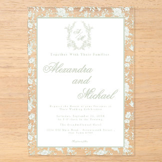 Invitations En Acrylique Élégant monogramme floral Toile de sage vert