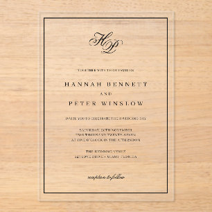 Invitations En Acrylique Élégant Monogramme Initiales Black Frame Mariage