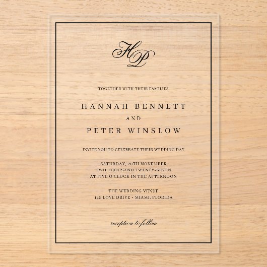 Invitations En Acrylique Élégant Monogramme Initiales Black Frame Mariage (Recto)