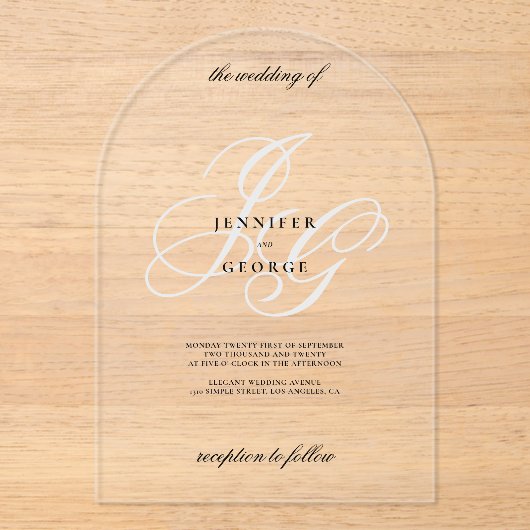 Invitations En Acrylique Élégant monogramme initiales mariage romantique bl (Recto)