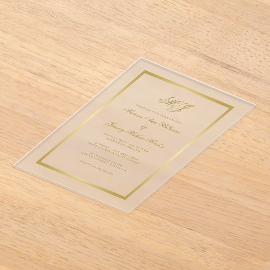Invitations En Acrylique Élégant Monogramme Or Calligraphie Mariage de cadr (Poser)