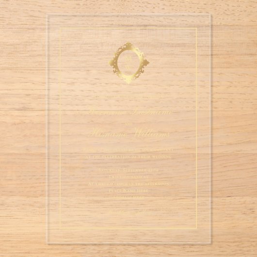 Invitations En Acrylique Élégant Monogramme Or Mariage élégant transparent (Recto)