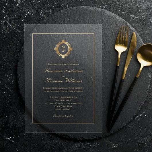 Invitations En Acrylique Élégant Monogramme Or Mariage élégant transparent