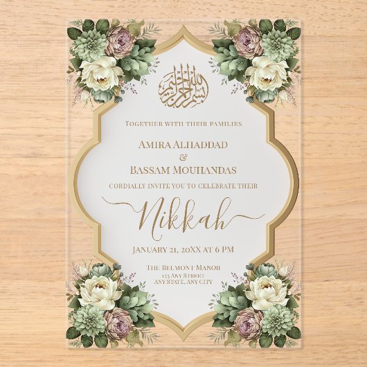 Invitations En Acrylique Élégant musulman floral Nikkah (Recto)