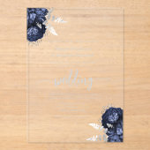 Invitations En Acrylique Elegant Navy Blue Silver Floral Wedding (Recto)