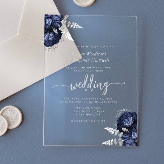 Invitations En Acrylique Elegant Navy Blue Silver Floral Wedding