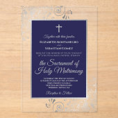 Invitations En Acrylique Elegant Navy Blue & Silver Ornate Catholic Wedding (Recto)