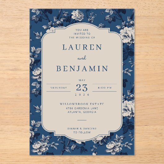 Invitations En Acrylique Elegant Navy Floral (Recto)