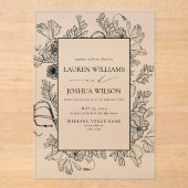 Invitations En Acrylique Élégant noir blanc Floral Line Mariage (Recto)