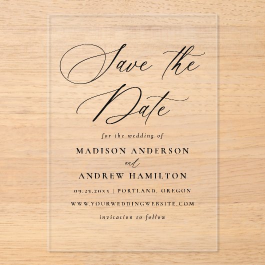 Invitations En Acrylique Élégant Noir Calligraphie Mariage Enregistrer les  (Recto)