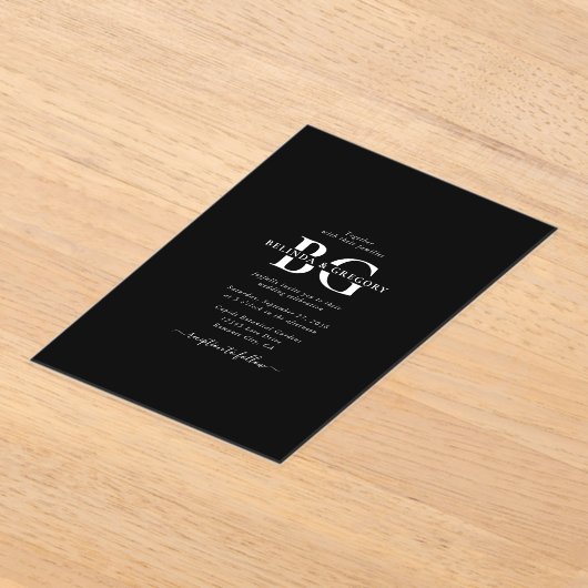 Invitations En Acrylique Élégant Noir et Blanc Monogramme Initiales Mariage (Poser)