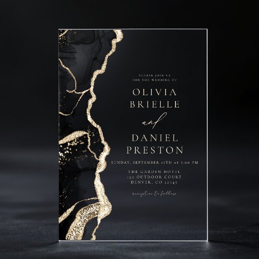 Invitations En Acrylique Elégant Noir Or Agate Mariage Élégant Chic