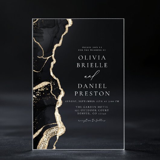 Invitations En Acrylique Elégant Noir Or Agate Mariage Élégant Chic