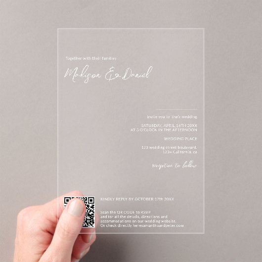 Invitations En Acrylique Elégant nom blanc calligraphie Qr code mariage (In situ (ordinateur de poche))