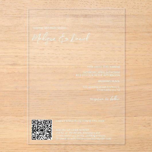 Invitations En Acrylique Elégant nom blanc calligraphie Qr code mariage (Recto)
