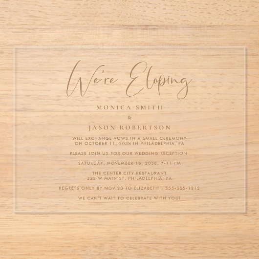 Invitations En Acrylique Elégant Nous sommes Eloping Gold Mariage Réception (Recto)