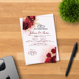 Invitations En Acrylique Elegant Nuestra Boda Red Gold Floral Wedding