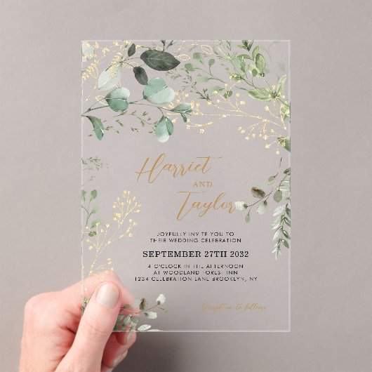 Invitations En Acrylique Elégant or et verdure Eucalyptus Mariage (In situ (ordinateur de poche))