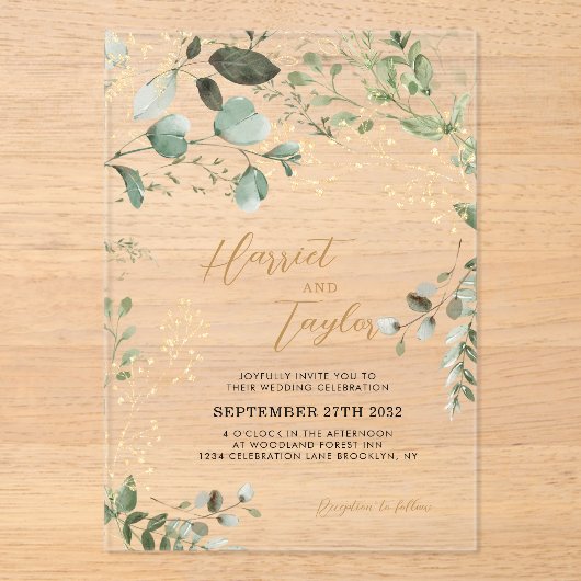 Invitations En Acrylique Elégant or et verdure Eucalyptus Mariage (Recto)