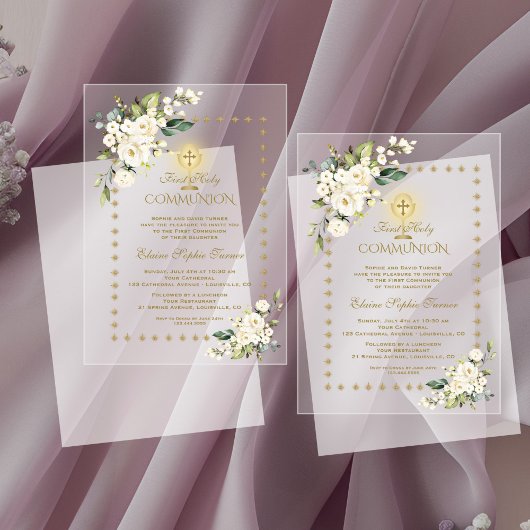 Invitations En Acrylique Élégant or étincelles blanc floral sainte communio