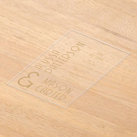 Invitations En Acrylique Elégant Or Mariage Moderne Enregistrer La Date (Poser)