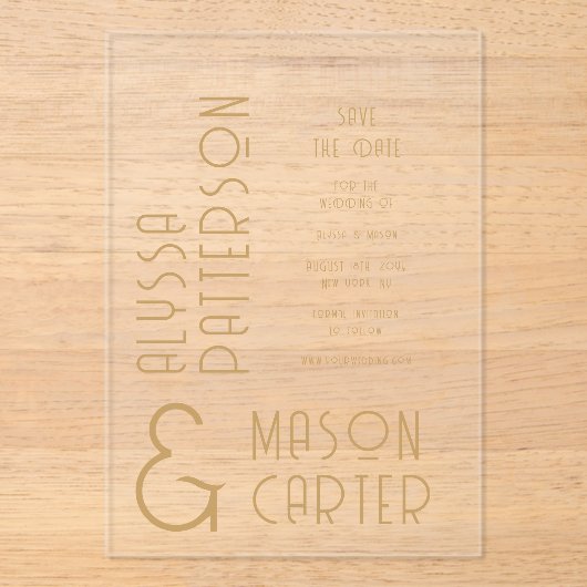 Invitations En Acrylique Elégant Or Mariage Moderne Enregistrer La Date (Recto)