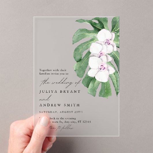 Invitations En Acrylique Elegant Orchid on Tropical leaf script wedding (In situ (ordinateur de poche))