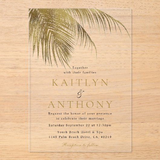 Invitations En Acrylique Elégant Palm Tree Plage Tropical Mariage (Recto)