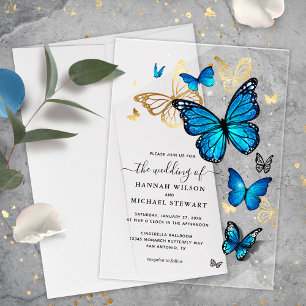 Invitations En Acrylique Élégant papillon de mariage à l'aquarelle or et bl