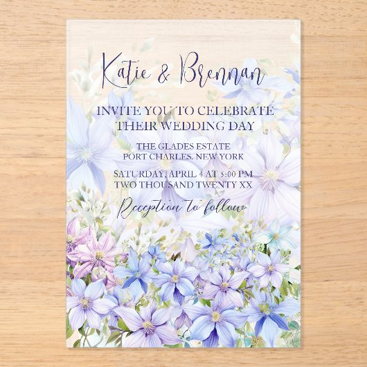 Invitations En Acrylique Élégant Periwinkle Clematis Mariage (Recto)