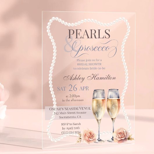 Invitations En Acrylique Elégant Perles & Prosecco Douche nuptiale