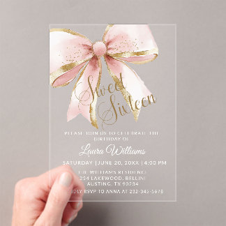 Invitations En Acrylique Elegant Pink & Gold Coquette Bow Sweet 16th