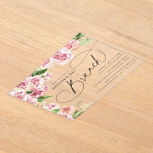 Invitations En Acrylique Elégant Pink Peonies Mère's Day Brunch (Poser)
